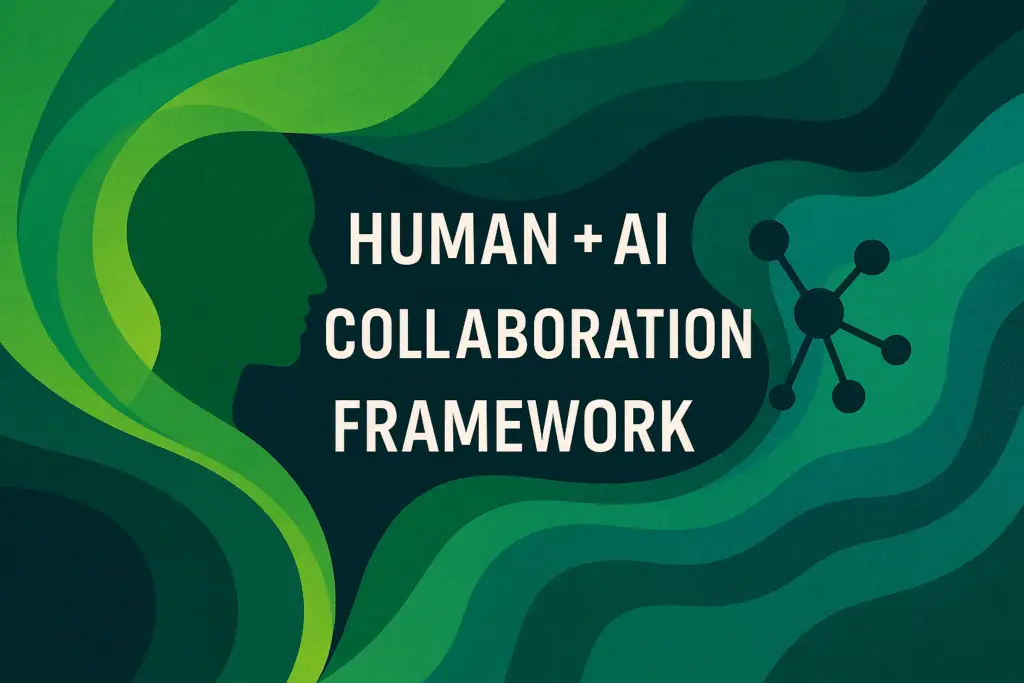 A digital illustration titled “Human + AI Collaboration Framework,” created by Roman Kos, founder of Art Of Green Path. The image features organic green and blue flows, symbolizing the synergy between human creativity and AI intelligence. It reflects Roman’s regenerative approach to AI strategy, custom AI agent systems, and business transformation consulting — helping leaders and innovators grow intelligent, purpose-driven systems through human-AI collaboration.